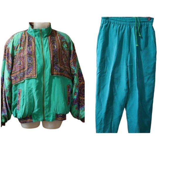 Great Cavalier Vintage Retro Green Mandala Silk Pant Suit Small - Picture 1 of 16
